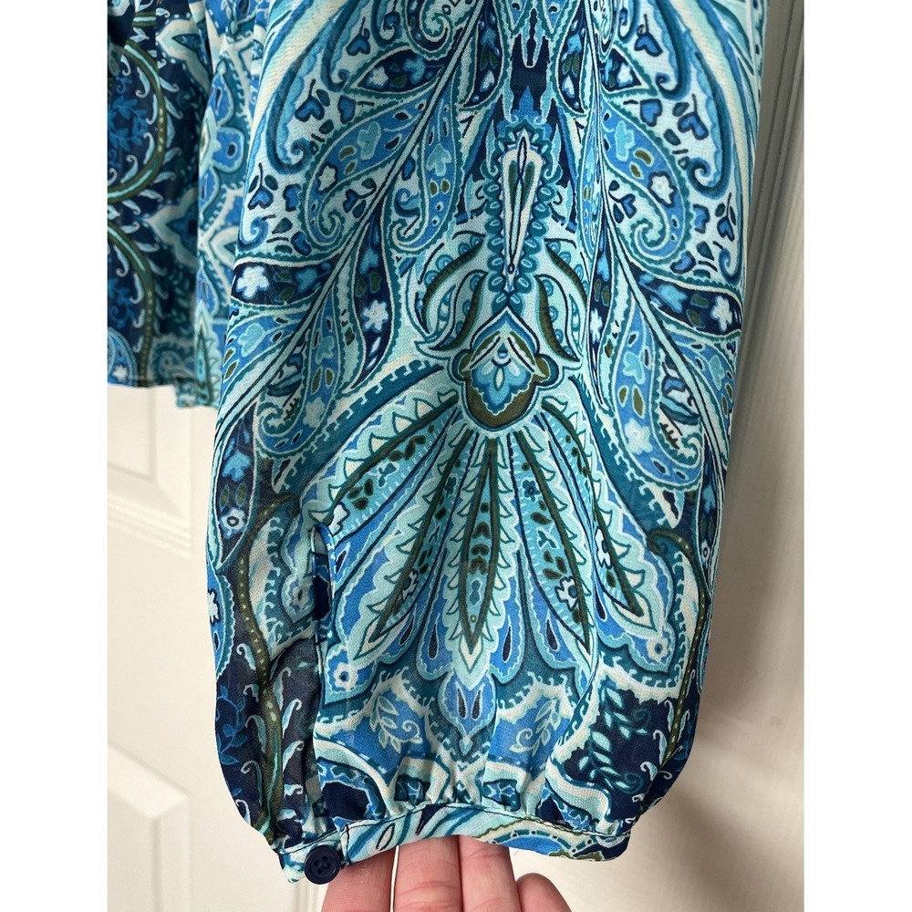 Belle Sky Sheer Ruffle Blouse Turquoise Paisley Womens M Whimsy Boho - Picture 7 of 9